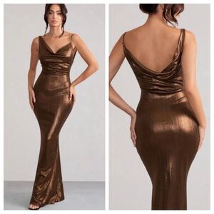 Club L London Galaxy Shimmer Maxi Dress Bias Cut Cowl Front Wedding Guest Brown